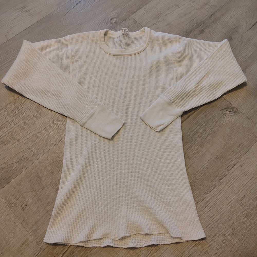 Vintage Hanes Thermal Shirt Mens Medium White Waffle Knit Long Sleeve Made USA